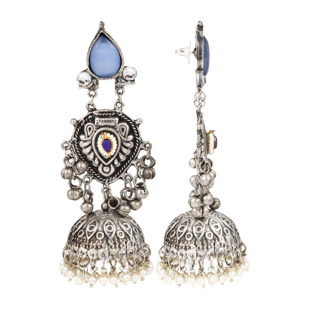 Silver oxydised lightweight long Jhumka Earring - Blue