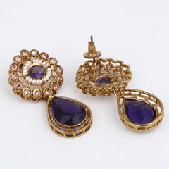 Gold plated Flower Stud with tear drop earring - Purple