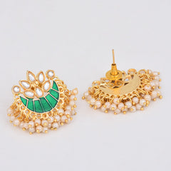 Gold-Plated Brass Half Moon Studs with Meenakari Green