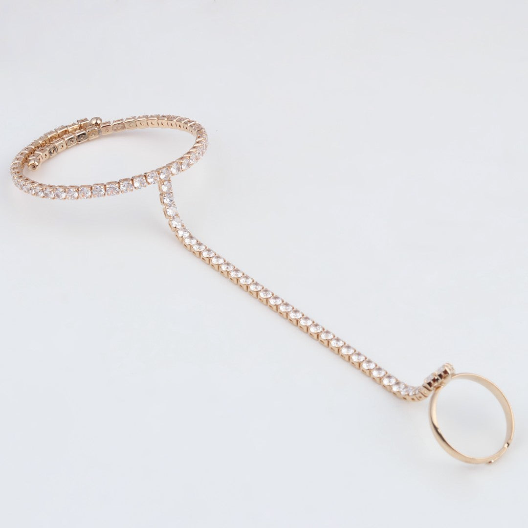 Elegant Gold-Tone CZ Tennis Bangle Bracelet with Ring