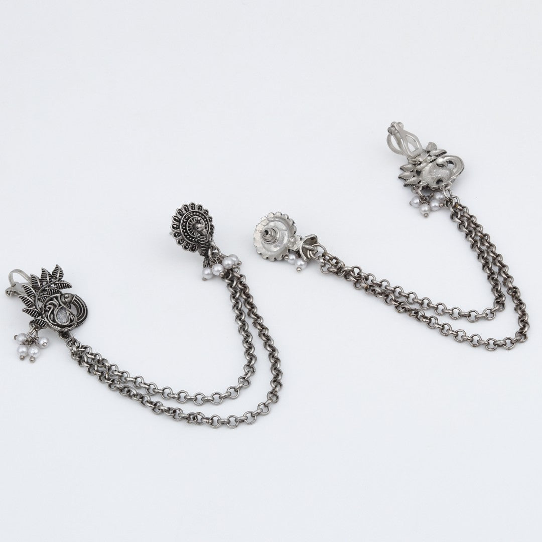 Oxidised Silver Peacock Ear cuff with Chains