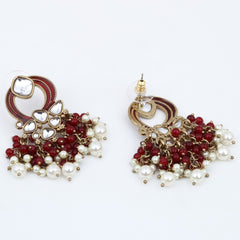 Gold-Plated Meenakari Stud Earrings with Kundan & Pearl Cluster drops - Red