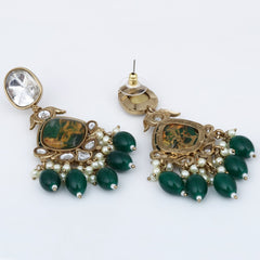 Gold plated two tone Pear shaped stone drop earring - Green