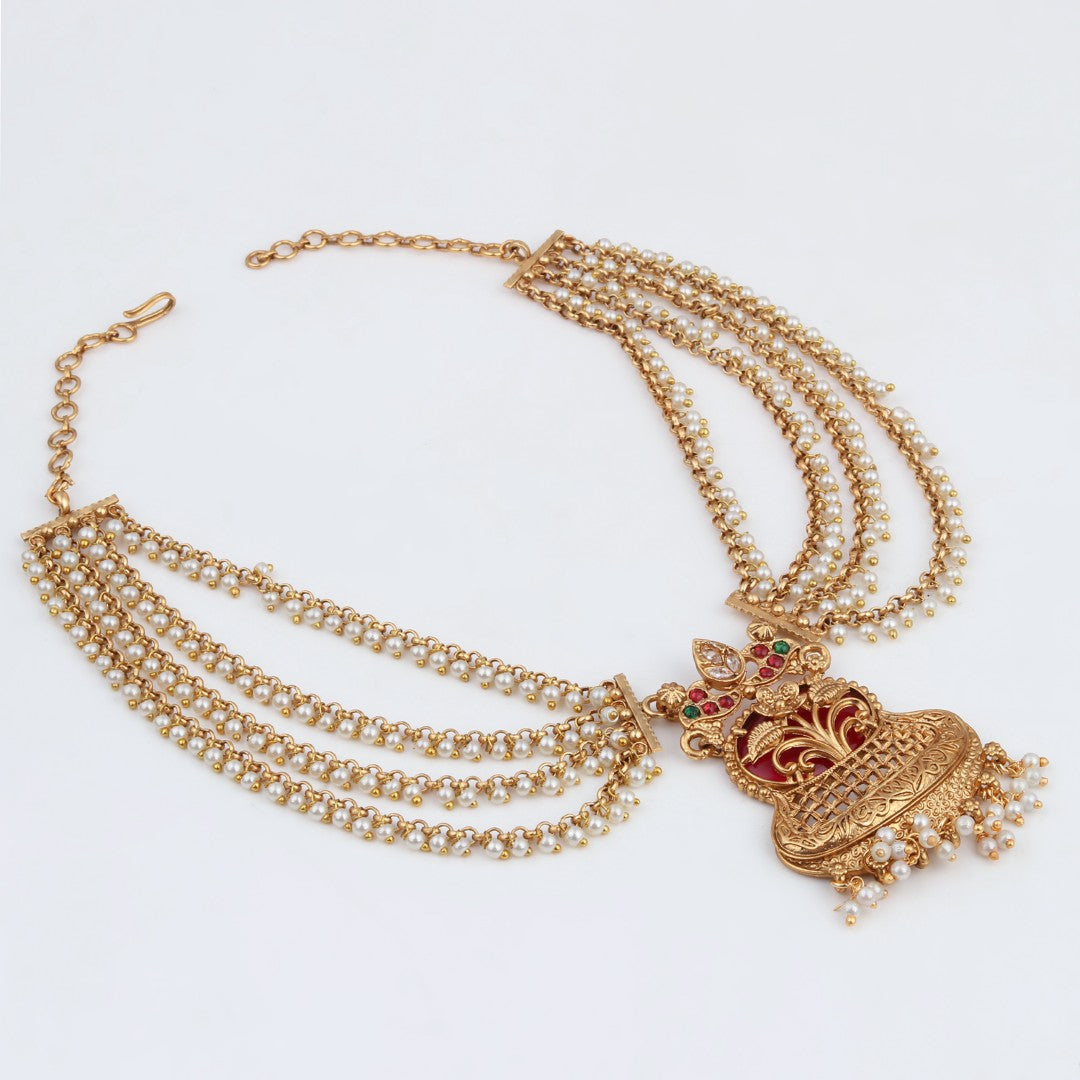 Antique Gold Layered Kundan Necklace Set with drop Earrings Red