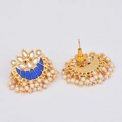 Gold-Plated Brass Half Moon Studs with Meenakari Blue