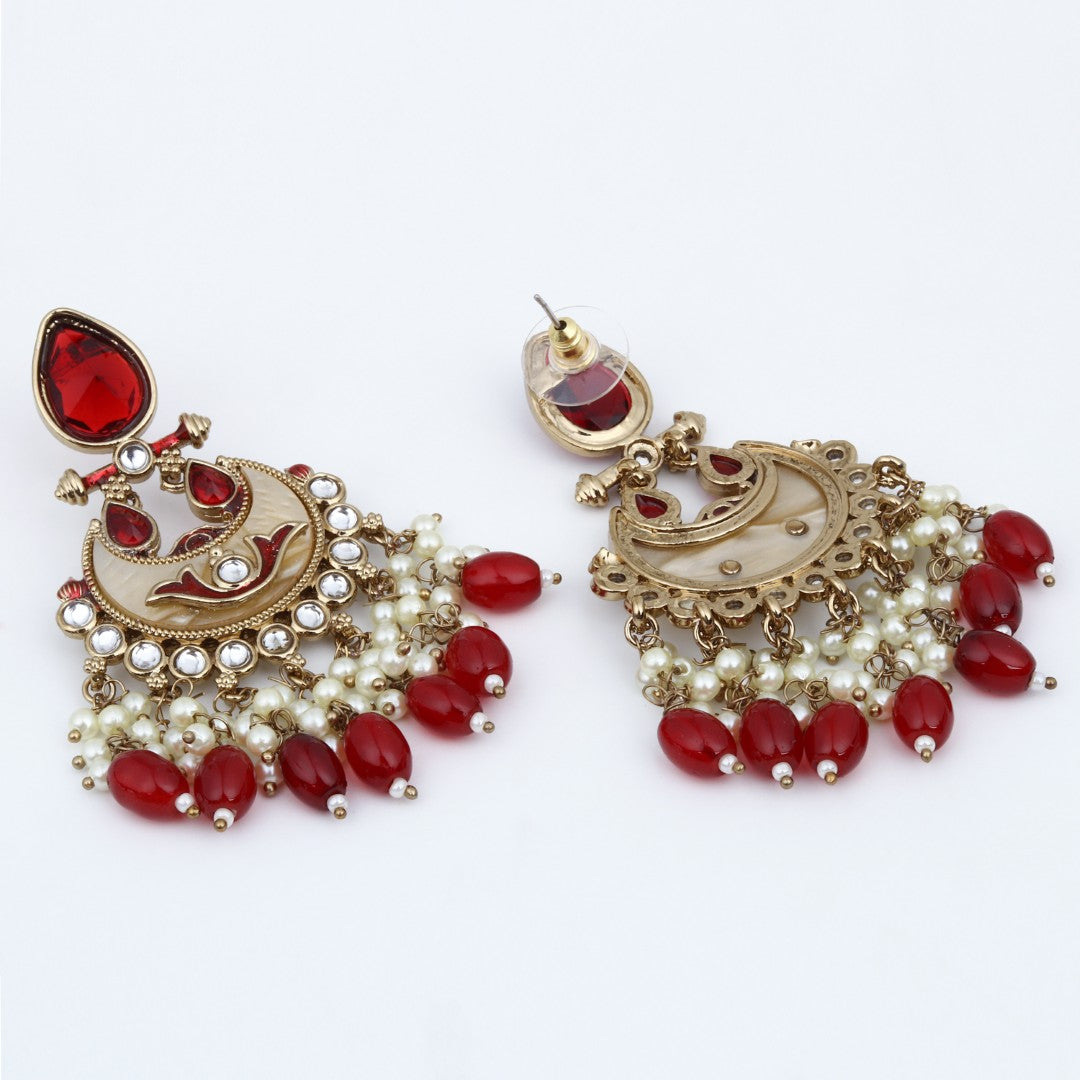 Gold-Plated Meenakari Chandbali Earrings with Kundan & Pearl Drops - Red