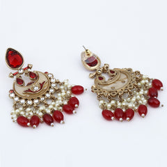 Gold-Plated Meenakari Chandbali Earrings with Kundan & Pearl Drops - Red