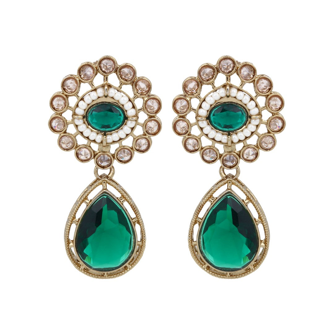 Gold plated Flower Stud with tear drop earring - Green