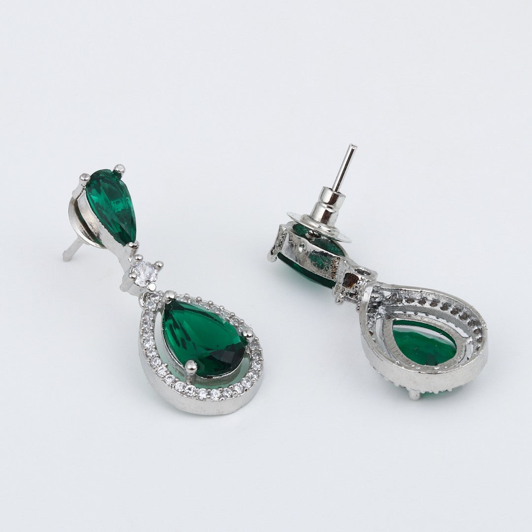 Silver-Tone Emerald Green Teardrop Necklace Set