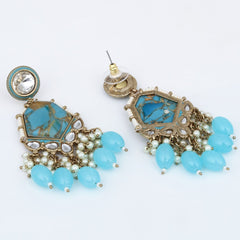 Gold plated two tone Geometric stone drop earring - Blue