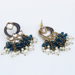 Gold-Plated Meenakari Stud Earrings with Kundan & Pearl Cluster drops - Blue