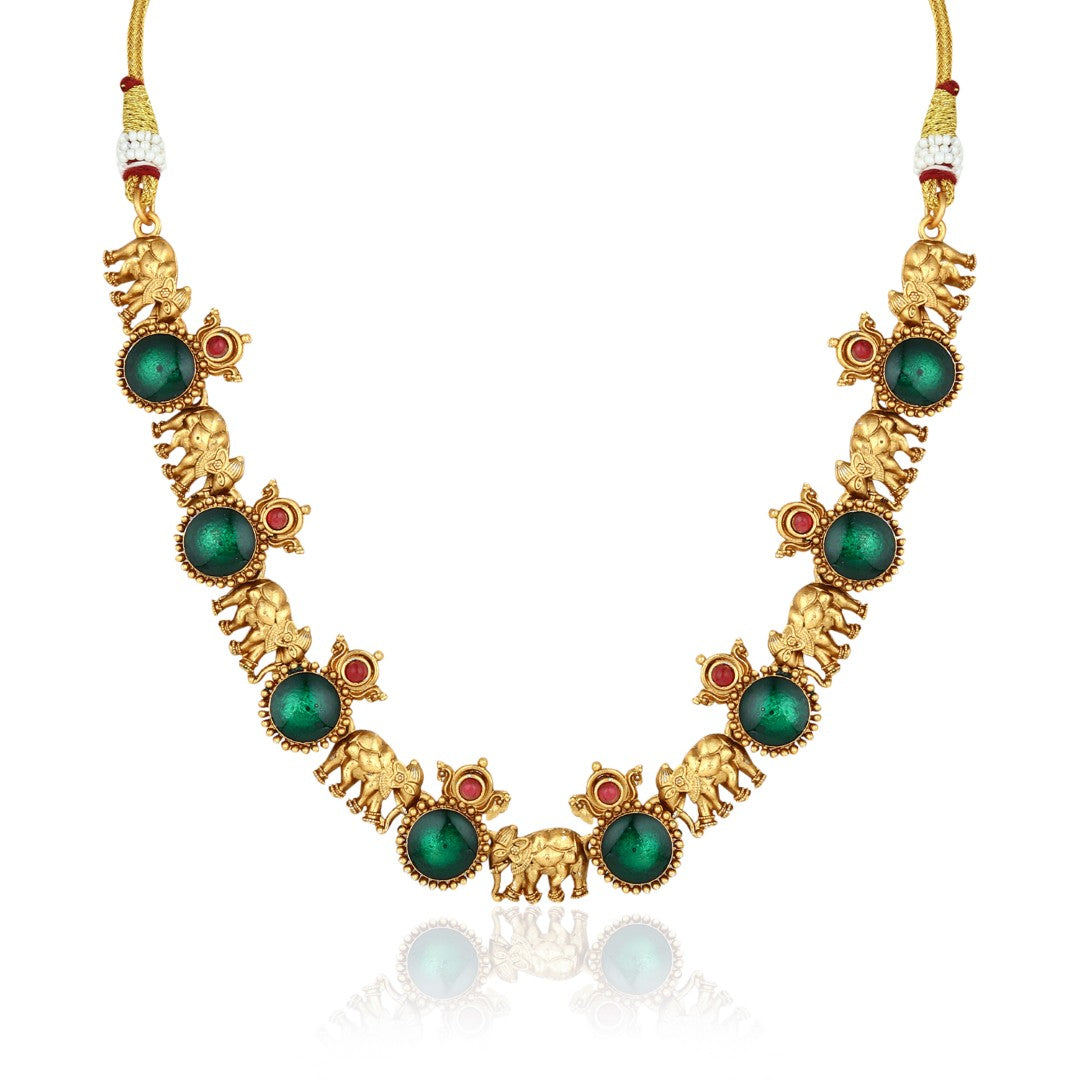 Gold plated Meenakari & Elephant Motif Necklace set - Green