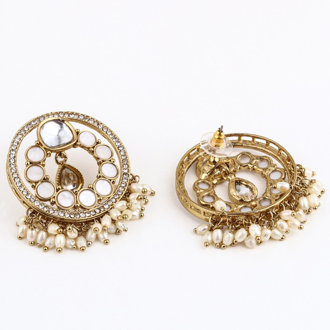 Regal Kundan Pearl Chandbali Earrings - White