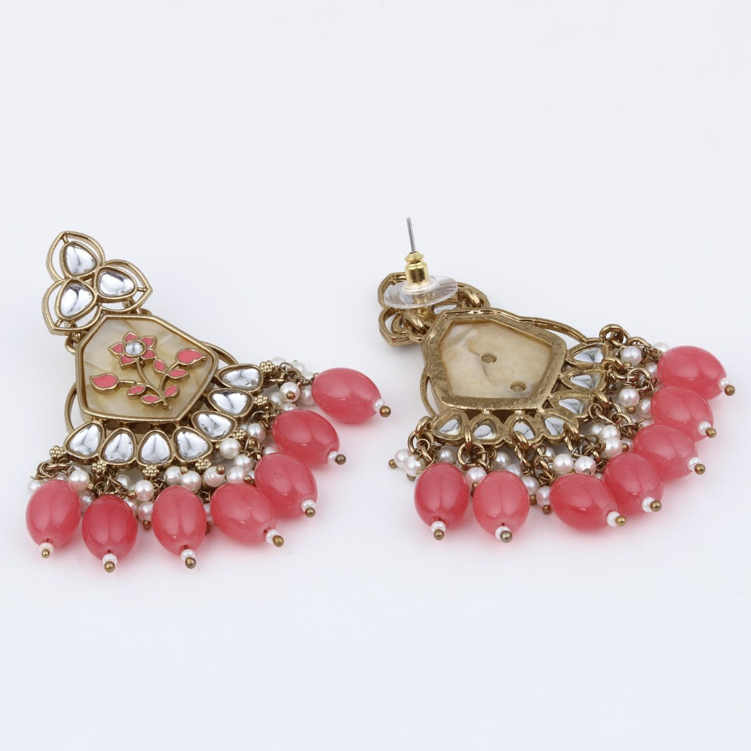 Contemporary kundan, MOP & Meenakari chandbali Earring - coral
