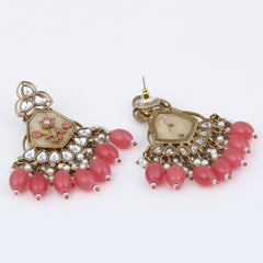 Contemporary kundan, MOP & Meenakari chandbali Earring - coral