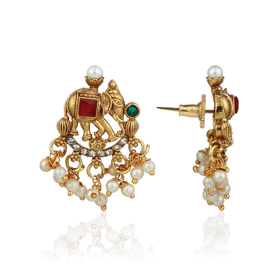 Ruby Pearl Filigree Elephant Necklace Earrings Set