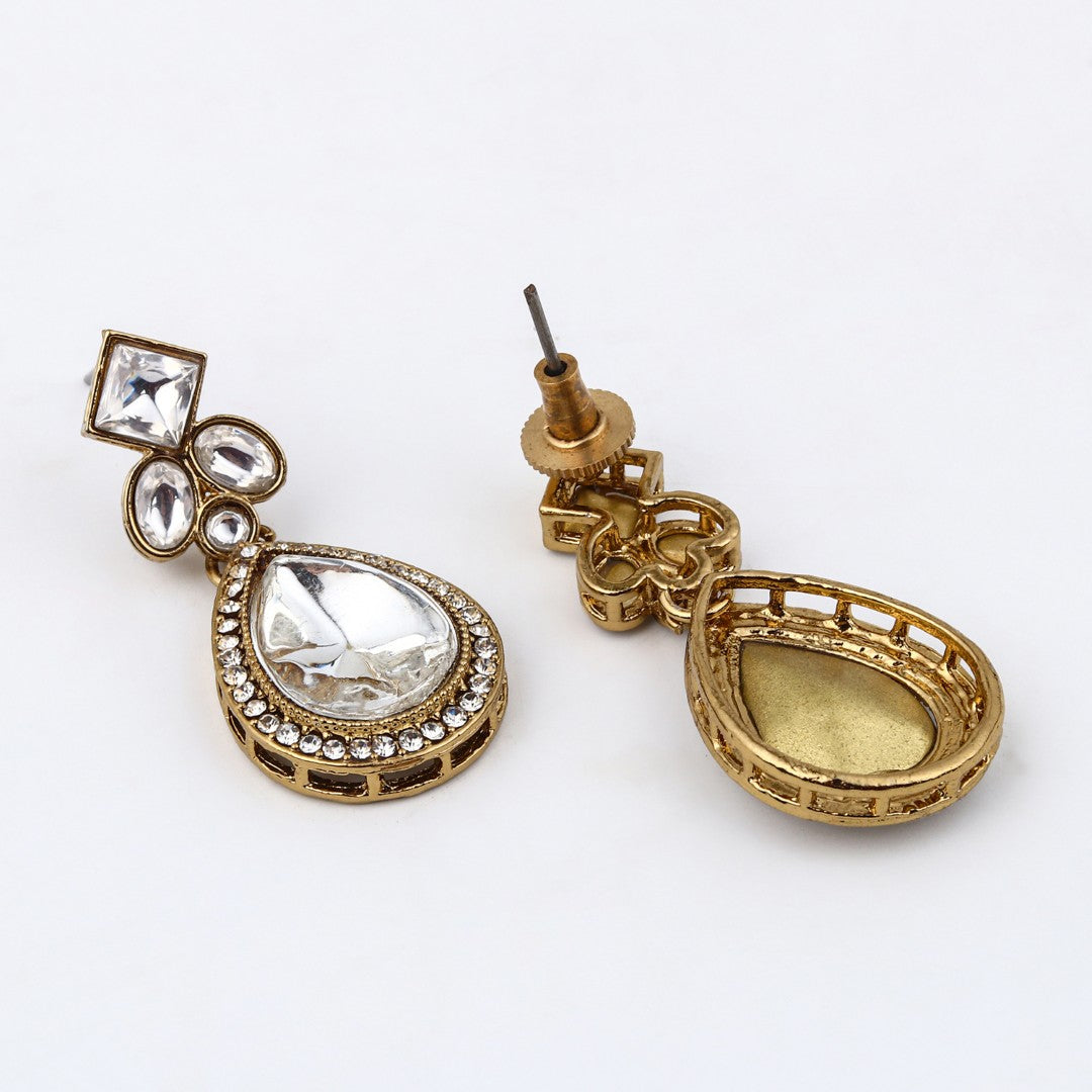 Gold-Toned Teardrop Kundan Crystal Drop Earrings for Women