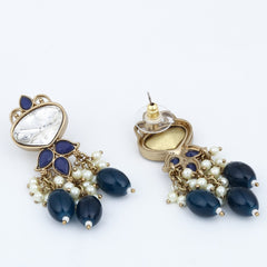 Gold plated Kundan & Pearl drop Earrings- Blue