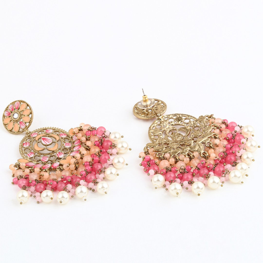Vibrant Peach & Pink Chandelier Pearl Drop Earring