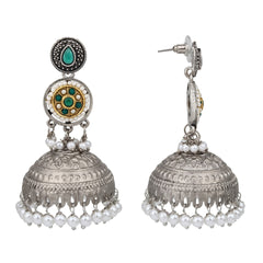 Silver plated long Jhumka - Green