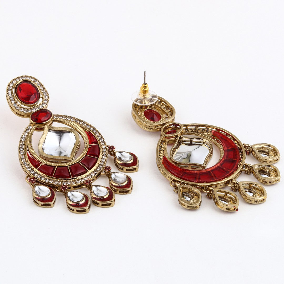 Kundan Chandbali Earrings with Teardrop Danglers- Red