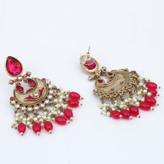 Gold-Plated Meenakari Stud Earrings with Kundan & Pearl Cluster drops - pink