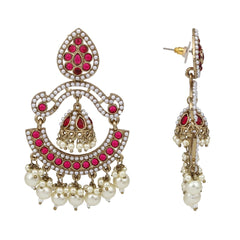 Gold plated Stone & beads chandbali Earring Red