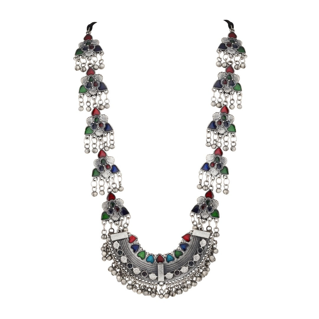 Silver Oxidised Finish Meenakari Necklace Set