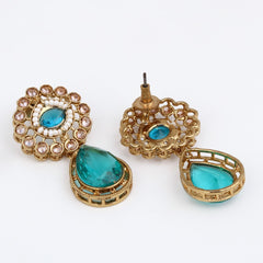 Gold plated Flower Stud with tear drop earring - Blue