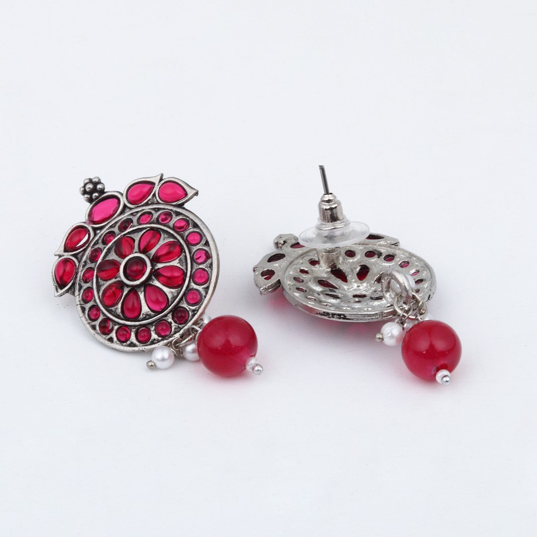 Stones Studded Circular Studs- Pink