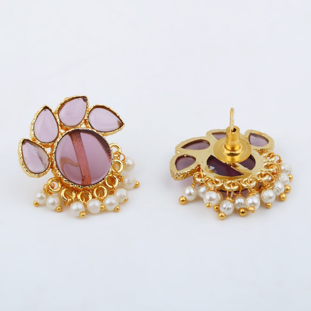 Stone Gold-Toned Earrings with Pearl Drops - Purple