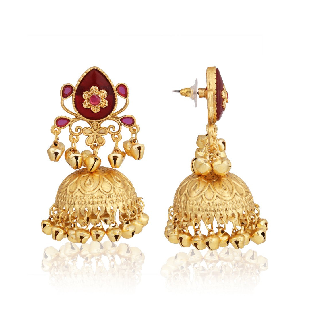 Ruby Temple Jhumka Earrings with Ghungroo Drops