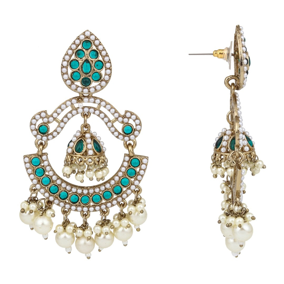 Gold plated Stone & beads chandbali Earring -Green