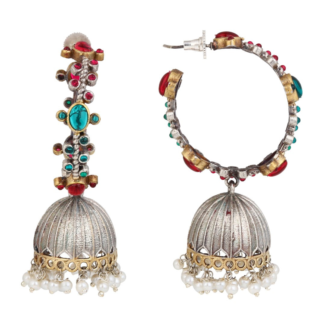 Silver-Tone Brass Stone-Studded Jhumka Earrings