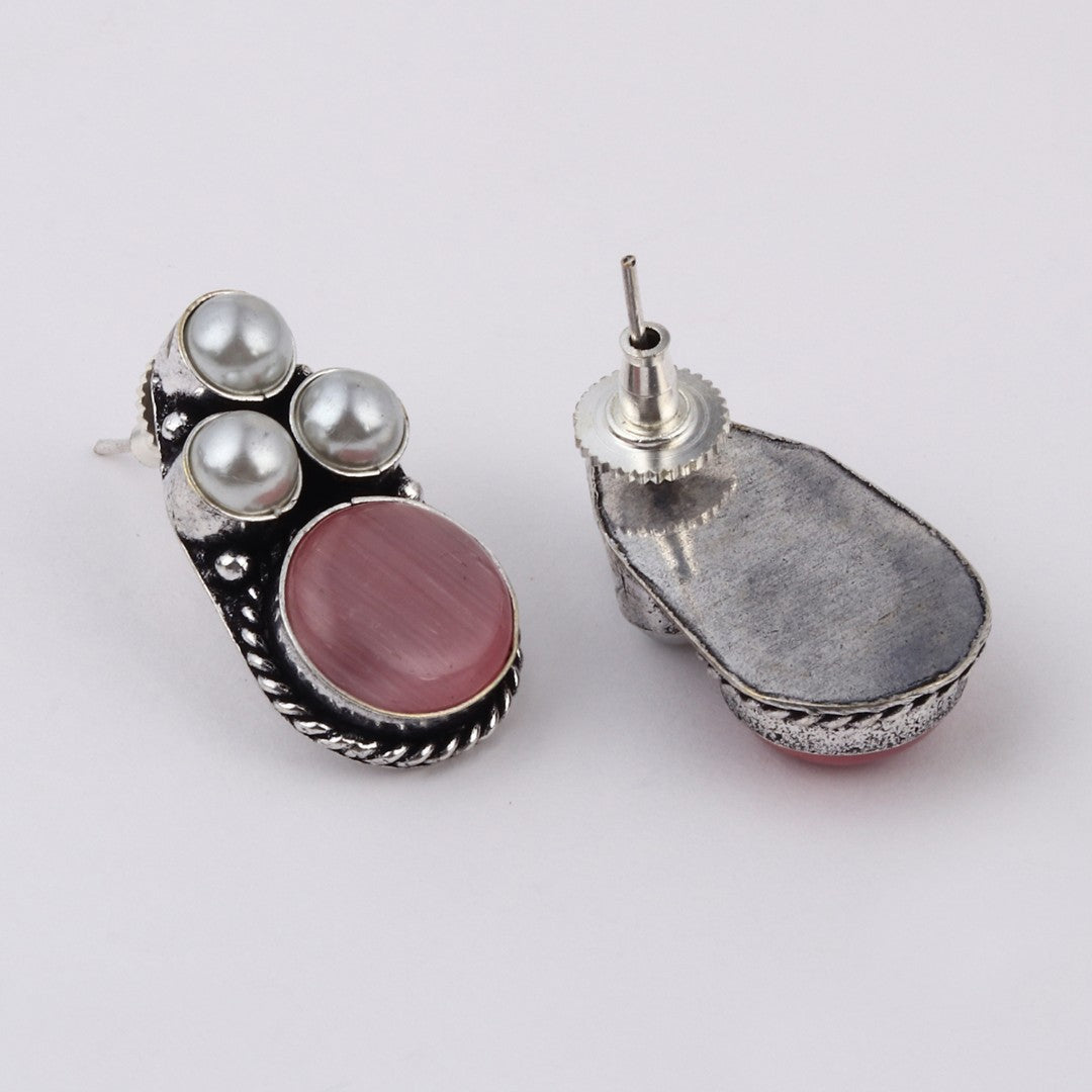 Silver Oxidised finish Pearl & Stone  pendant Set Pink
