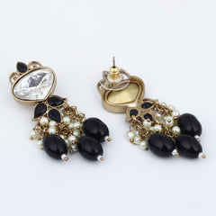 Gold plated Kundan & Pearl drop Earrings- Black