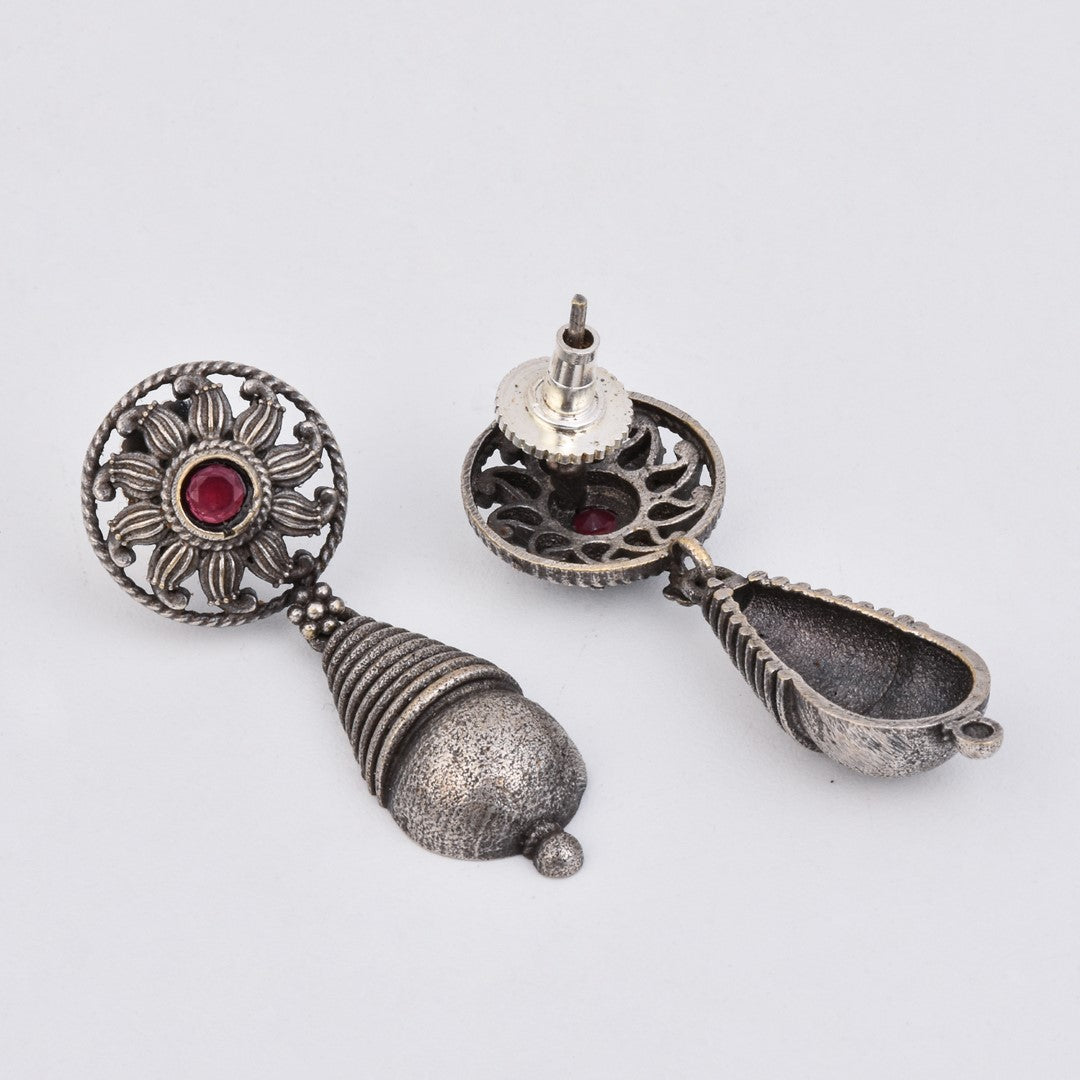 Oxidized Sun Motif Ruby Drop Earrings