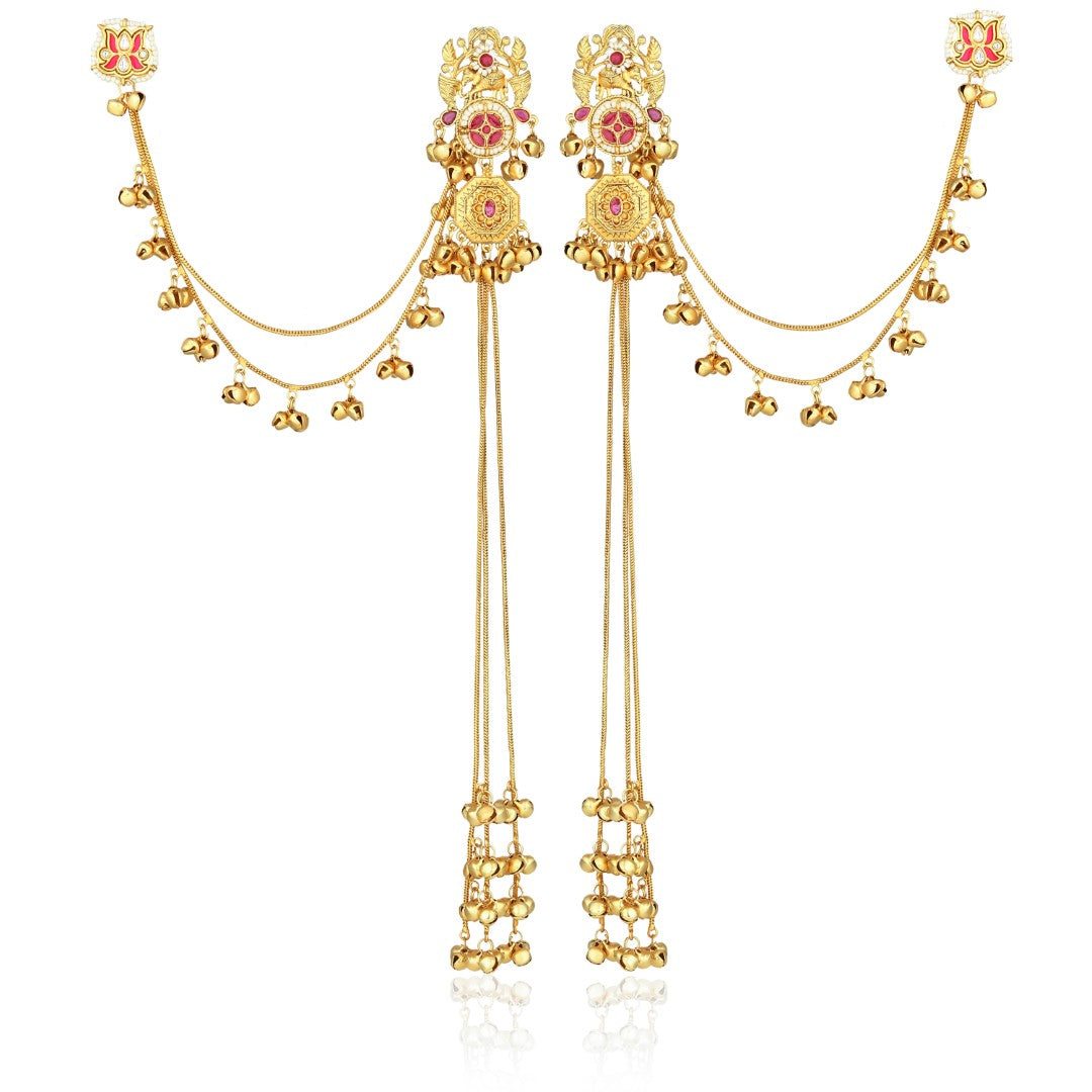 Gold-Tone Kundan Red Stone Kashmiri Long Chain Earrings