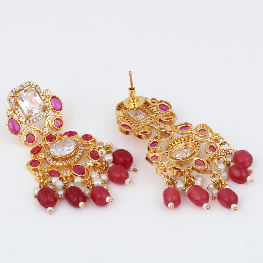 Gold plated Kundan & AD stone chandbali bali - Red