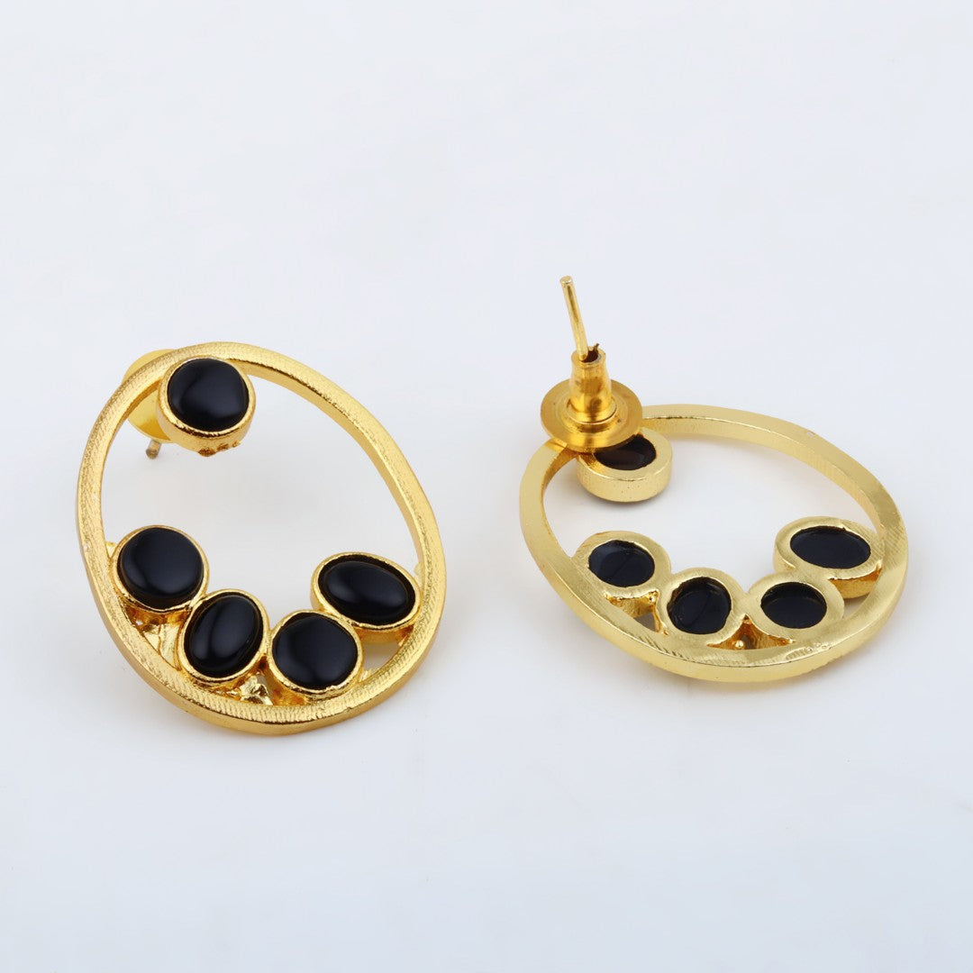 Black Stone Gold-Toned Oval Statement Earrings