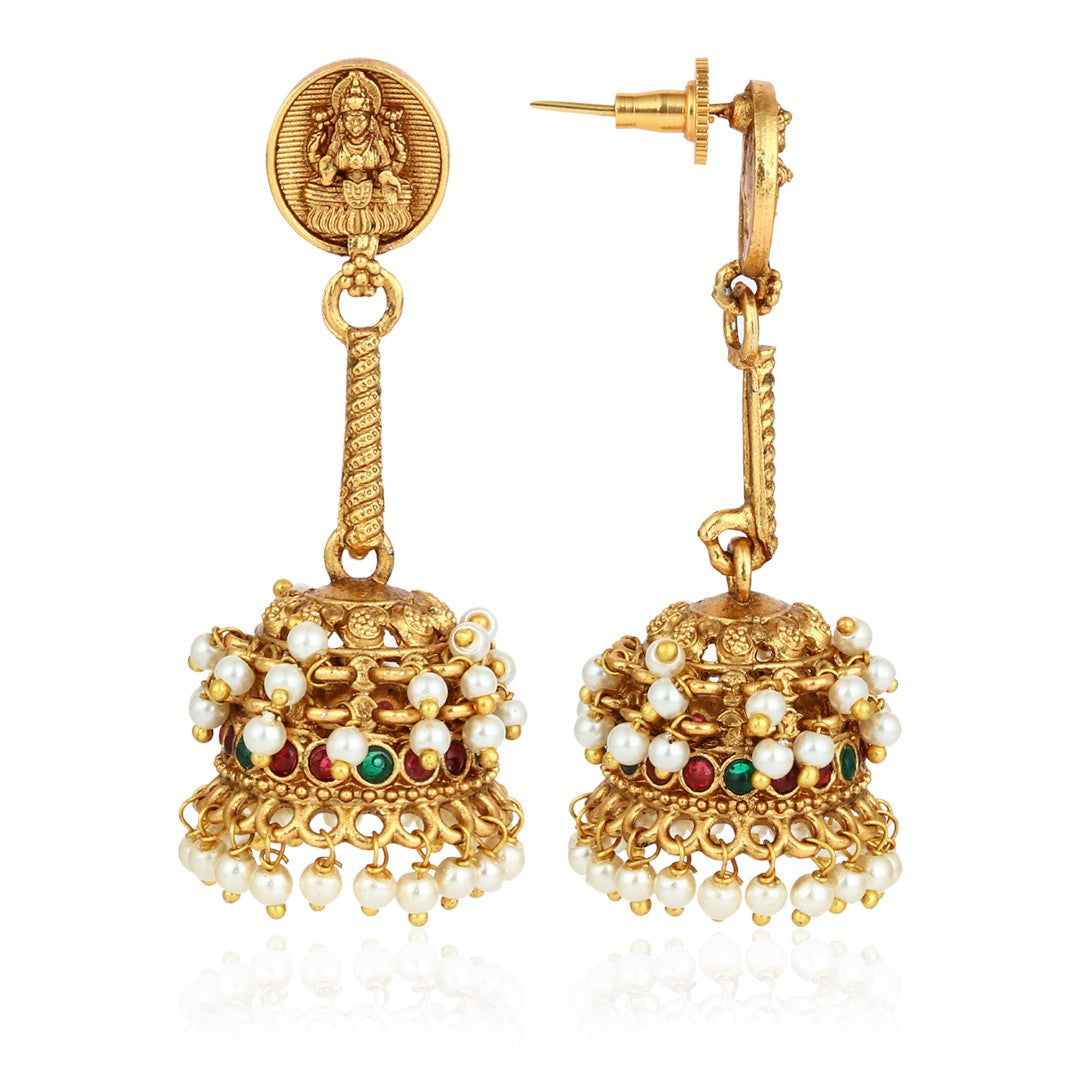 Lakshmi Motif Pearl Jhumka Earrings