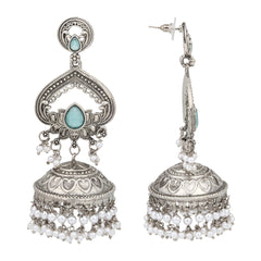 Silver plated long Jhumka - Blue