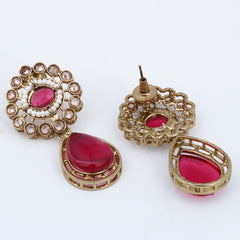 Gold plated Flower Stud with tear drop earring - Pink