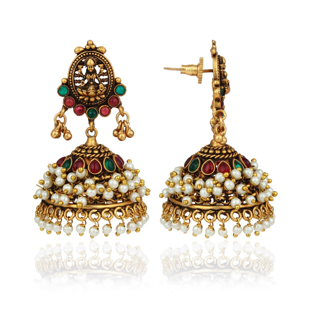 Gold Plated Red & green stone Jhumka Earring