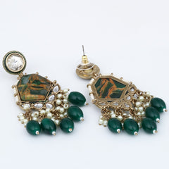 Gold plated two tone Geometric stone drop earring - Green