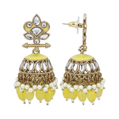 Gold plated Kundan & Meenakari Jhumka Earrings - Yellow