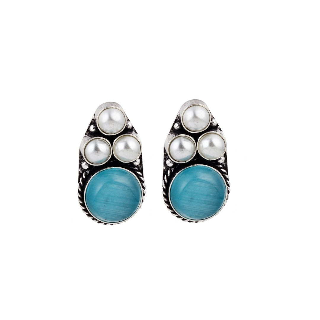Silver Oxidised finish Pearl & Stone  pendant Set Blue
