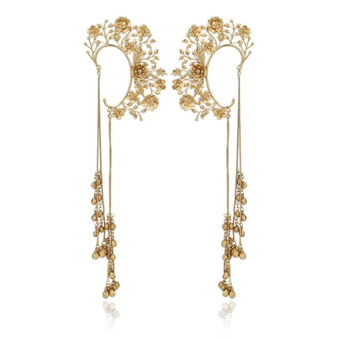 Aarika Gold Floral Ear Cuff Chain Earrings