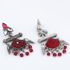Silver plated bird drop earring - red