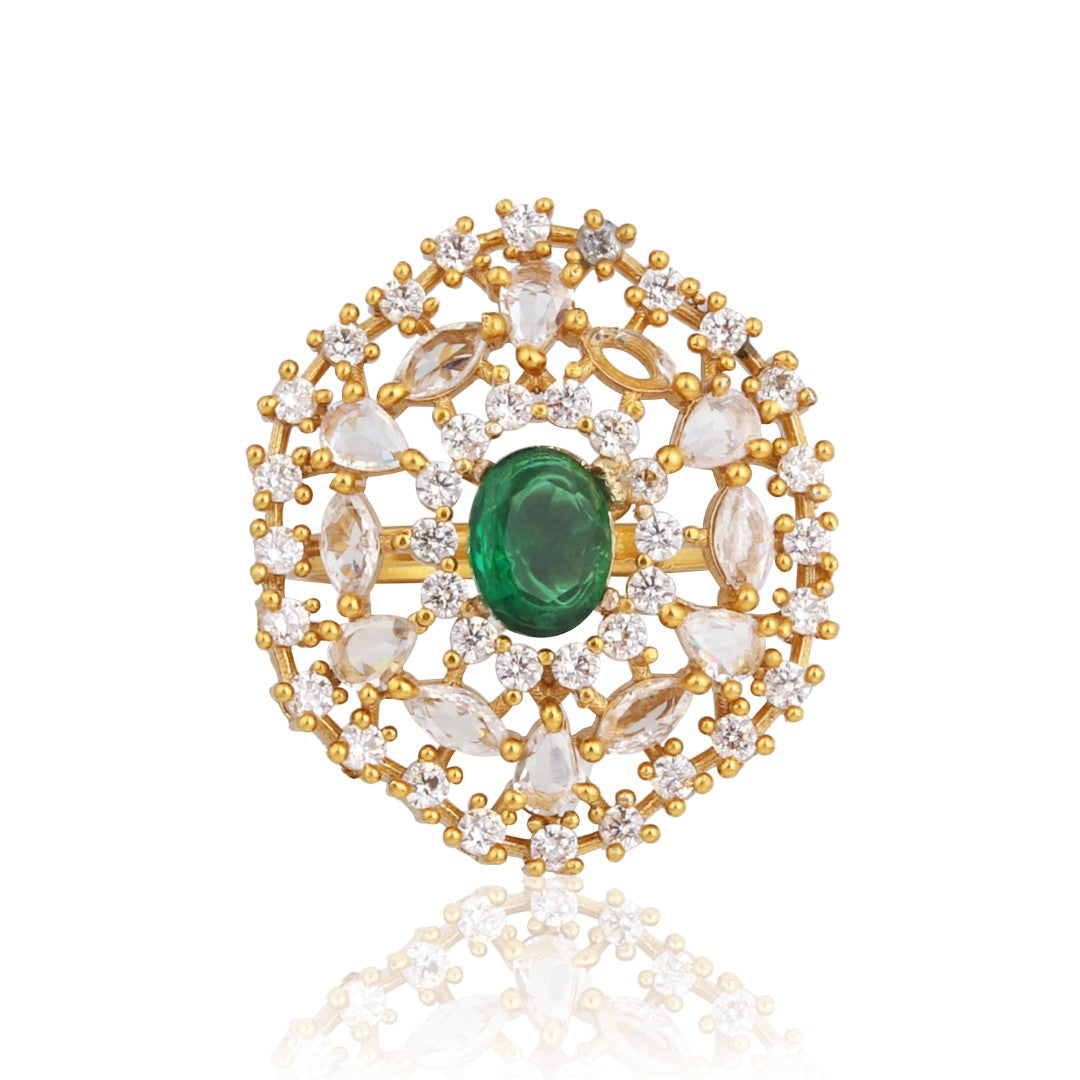 Emerald Green Stone & Crystal Floral Ring
